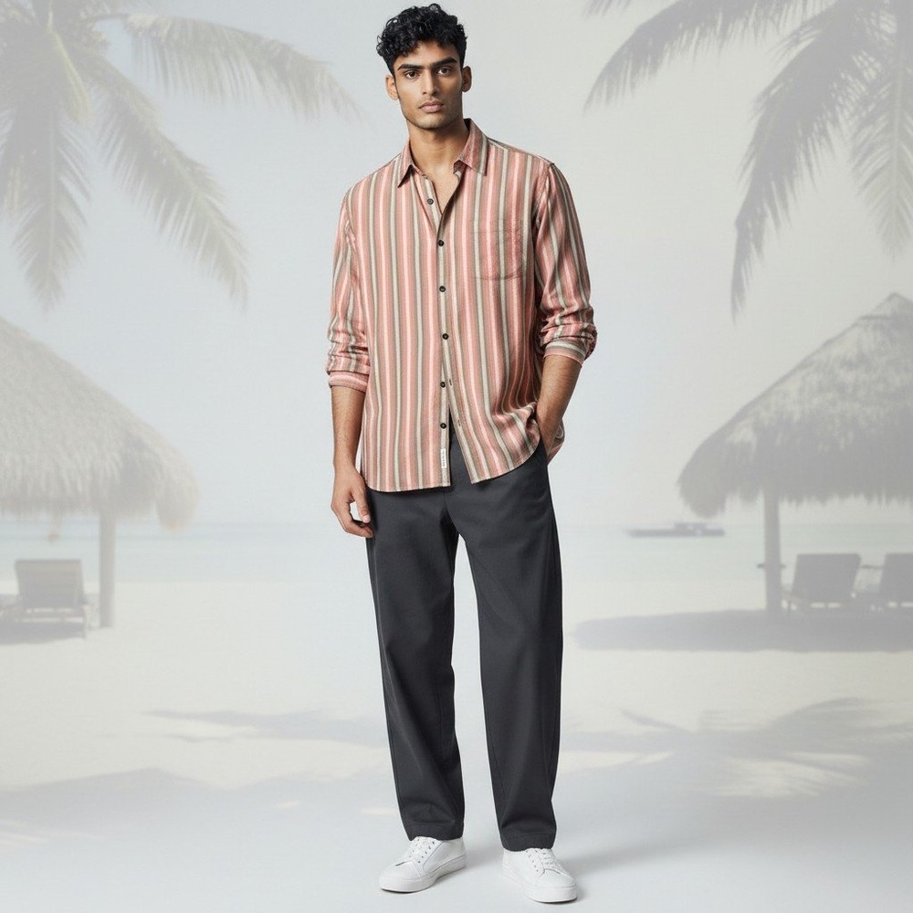 Tommy Bahama Mens Large 100% Silk Striped Long Sleeve Button Down Shirt Pink Tan